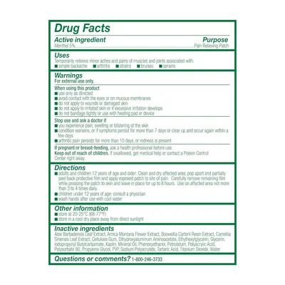 This image provides comprehensive product information including active ingredients, uses, warnings, directions, and other regulatory details required for a pain-relieving patch, helping shoppers…