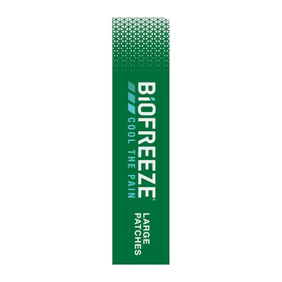 Communicates the brand name and product line (BIOFREEZE COOL THE PAIN, LARGE PATCHES) to build brand recognition and help shoppers identify the specific product variant.