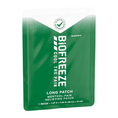 Provides a clean, catalog-style view of the Biofreeze pain relief patch packaging to show the product clearly without distractions.