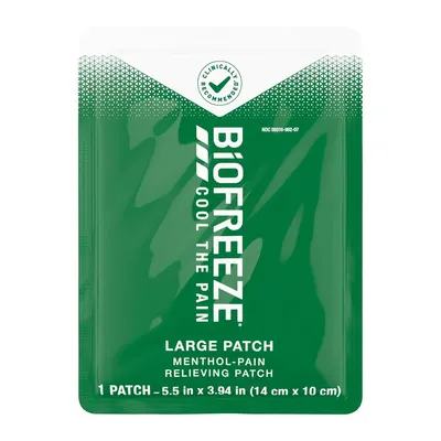 Communicates the exact physical size of the pain-relieving patch (5.5 x 3.94 inches / 14 x 10 cm) to help shoppers understand coverage area and fit for their needs. Displays the 'Clinically…