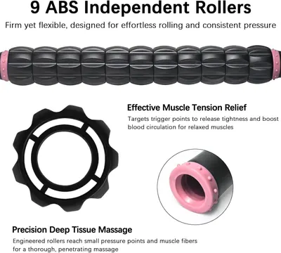 Communicates multiple distinct benefits of the foam roller: the 9-roller construction for consistent pressure, muscle tension relief through trigger point targeting, and deep tissue massage…