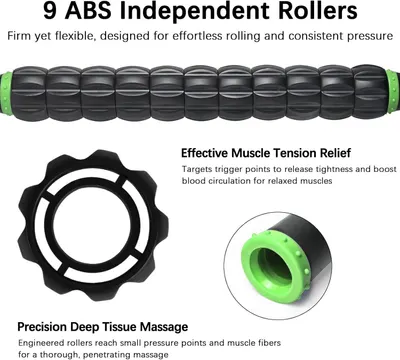 Communicates multiple distinct benefits of the foam roller: the 9-roller construction for consistent pressure, muscle tension relief through trigger point targeting, and deep tissue massage…