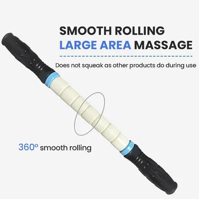 Highlights the product's smooth, quiet rolling action and large massage area to reassure shoppers that it provides effective, silent muscle relief.