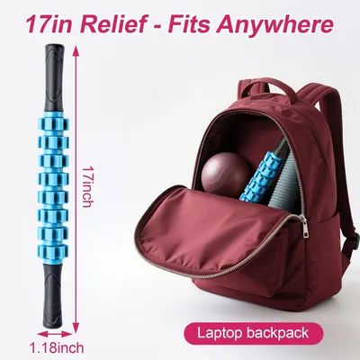 Demonstrates the product's compact 17-inch size with exact measurements to reassure shoppers it will fit easily in bags and is highly portable. Highlights the key benefit that the massage roller is…