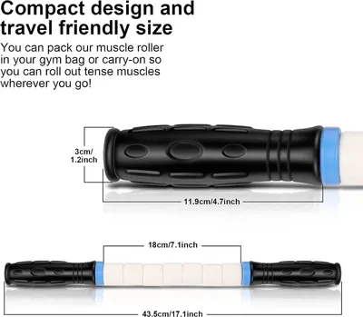 Communicates the physical dimensions of the muscle roller to show it is compact and portable, reassuring shoppers it can easily fit in a gym bag or carry-on for travel.