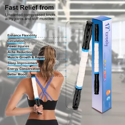 Communicates multiple distinct health and wellness benefits of using this massage/recovery tool, showing shoppers the comprehensive value it provides for muscle relief and overall well-being.