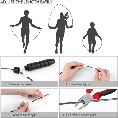 Demonstrates the step-by-step process for adjusting the jump rope length to fit different users, reassuring shoppers that the product is easy to customize for adults and children.
