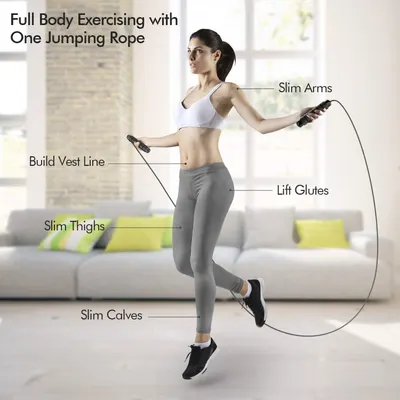 Demonstrates how one jumping rope targets multiple body zones simultaneously, showing shoppers the comprehensive full-body workout benefits they can achieve with this single product.
