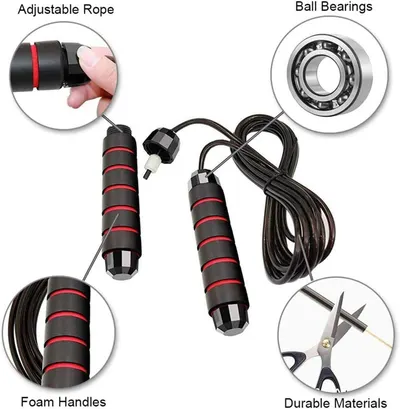 This image breaks down the jump rope's key physical components and construction features to help shoppers understand the product's quality and functional design.
