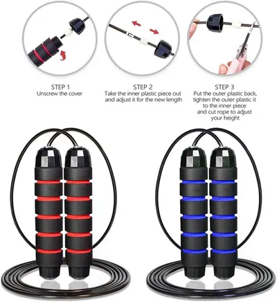 Demonstrates the 3-step process for adjusting the jump rope length to fit the user's height, making setup easy and accessible. Shows two color variants of the product (red and blue) to help shoppers…