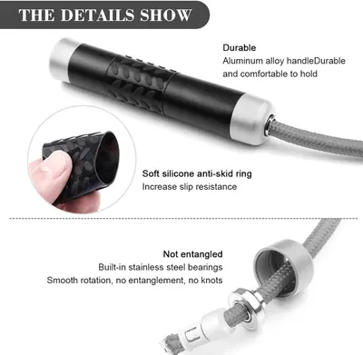 This image breaks down the physical components and construction of the jump rope, highlighting the durable aluminum handle, anti-skid grip ring, and smooth-rotation bearing system to help shoppers…
