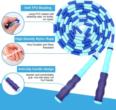 This image breaks down the jump rope's key physical components—the soft beading, durable rope, and ergonomic handles—to help shoppers understand the product's construction and quality features.