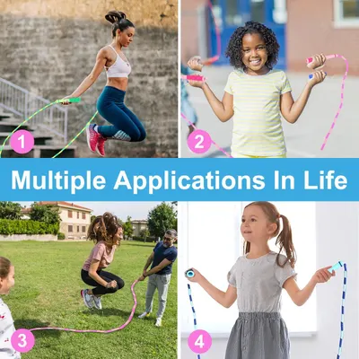 Demonstrates the versatility of the jump rope product by showing it can be used across different age groups, settings, and contexts—from adult workouts to children's play to family activities.