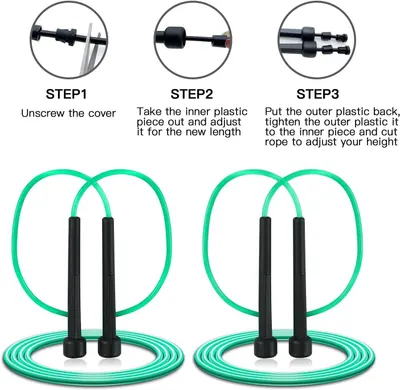 Provides step-by-step instructions on how to adjust the jump rope length by disassembling, adjusting, and reassembling the handle components to customize the rope for the user's height.