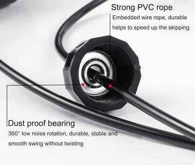 Breaks down the physical components of the jump rope to highlight the durable embedded wire rope and the dust-proof bearing that enables smooth, low-noise rotation.