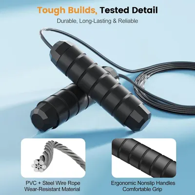 Breaks down the jump rope's construction by highlighting two key physical components: the wear-resistant steel wire rope material and the ergonomic nonslip handle design, reassuring shoppers of the…