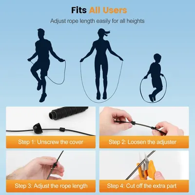 Demonstrates the step-by-step process for adjusting the jump rope length to fit users of all heights, reassuring shoppers that the product is customizable and easy to set up. Shows that the jump…