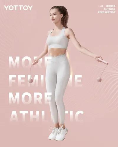 Showcases the product (jump rope) in use within a real-world fitness context, demonstrating the athletic and feminine appeal of the brand through lifestyle photography.