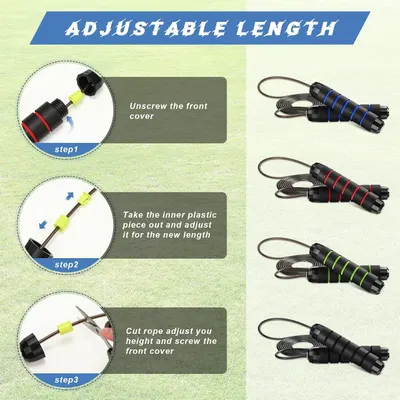 Demonstrates the step-by-step process for adjusting the jump rope length to fit the user's height, making the product more versatile and user-friendly. Showcases the available color variants of the…