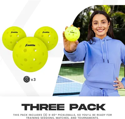 Communicates that the purchase includes three pickleballs, ensuring shoppers understand the quantity and value of the bundle for training and matches.