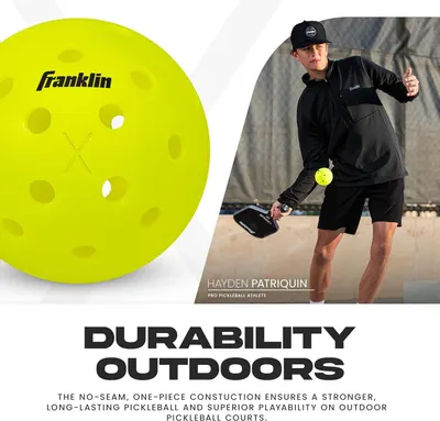 Communicates that the pickleball is built with no-seam, one-piece construction for superior durability and playability on outdoor courts, reassuring shoppers of its long-lasting performance.