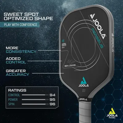 Communicates multiple performance benefits of the pickleball paddle including its optimized shape for better sweet spot, enhanced consistency, control, and accuracy, supported by specific…