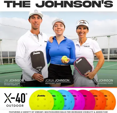This image establishes brand credibility and trust by featuring professional pickleball athletes (The Johnsons) as brand ambassadors, connecting the Franklin brand with elite athletic performance…