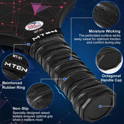 This image breaks down the physical components and design features of the pickleball paddle grip, highlighting the perforated surface, reinforced rubber ring, non-slip texture, and octagonal handle…