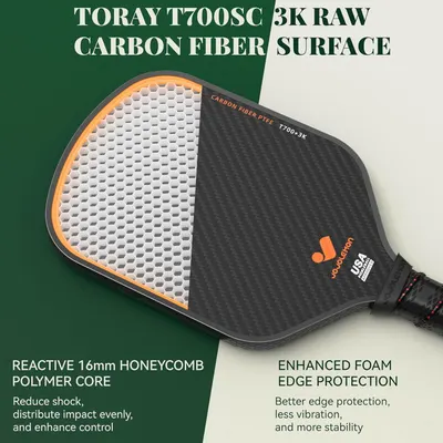 This image breaks down the paddle's construction by highlighting three distinct physical components: the 3K raw carbon fiber surface, the reactive 16mm honeycomb polymer core, and the enhanced foam…