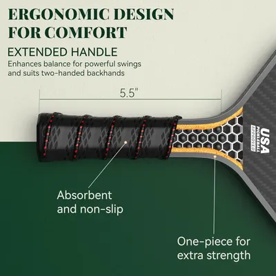 Breaks down the tennis racket handle's physical components and design features to show shoppers the ergonomic construction, extended length for two-handed play, grip material properties, and…