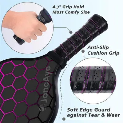This image breaks down the physical components and design features of the product's handle and grip area, highlighting the comfortable grip size, anti-slip cushioning, and protective edge guard to…