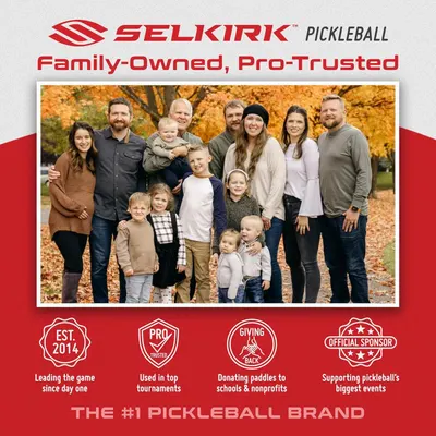 Communicates the brand's family-owned identity and core values (pro-trusted, giving back, tournament use, event sponsorship) to build emotional trust and differentiate Selkirk as the #1 pickleball…