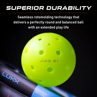 Communicates the product's durability and extended play life through advanced manufacturing technology, reassuring shoppers that this pickleball will last longer than standard options.