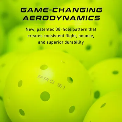 Highlights the patented 38-hole design that delivers consistent flight, bounce, and superior durability for pickleball performance. Communicates the game-changing aerodynamic technology that…