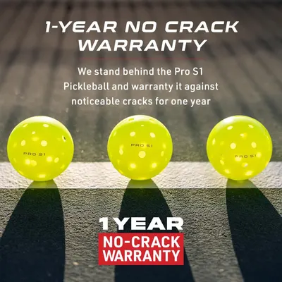 Communicates the product's durability and quality assurance by highlighting a 1-year warranty against cracks, building shopper confidence in the pickleball's longevity.