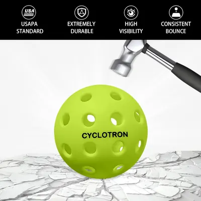 Communicates multiple key benefits of the pickleball in a segmented layout, highlighting certification, durability, visibility, and performance to reassure shoppers of quality and functionality.