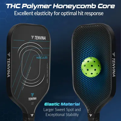 Highlights the internal construction and material technology of the pickleball paddle, showing the honeycomb core structure and elastic material to communicate superior performance, larger sweet…
