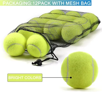 Shows shoppers exactly what they receive in the package: a 12-pack of tennis balls with a convenient mesh storage bag, emphasizing the bright color feature. Highlights the bright color feature of…