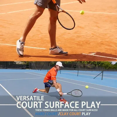 Demonstrates that the tennis balls are suitable for multiple court surfaces (hard court and clay court), reassuring shoppers of the product's versatility and broad usability. Highlights the key…