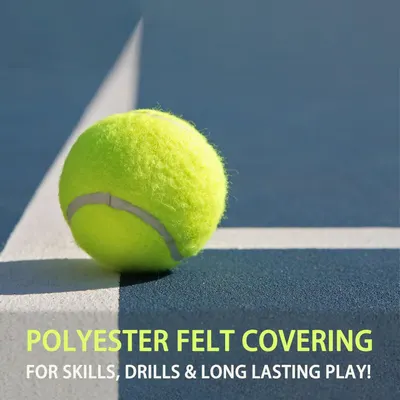 Highlights the tennis ball's polyester felt covering material to communicate durability and suitability for practice, drills, and extended play sessions.