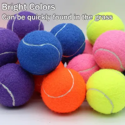 Communicates that the tennis balls come in bright, vibrant colors that make them easy to spot in grass, solving the common problem of losing tennis balls during outdoor play.