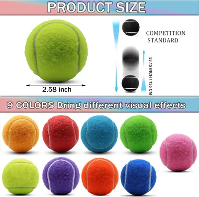 Shows the exact physical dimensions of the tennis ball (2.58 inch diameter) and compares it to competition standard size to help shoppers understand the product's size specifications. Displays the…