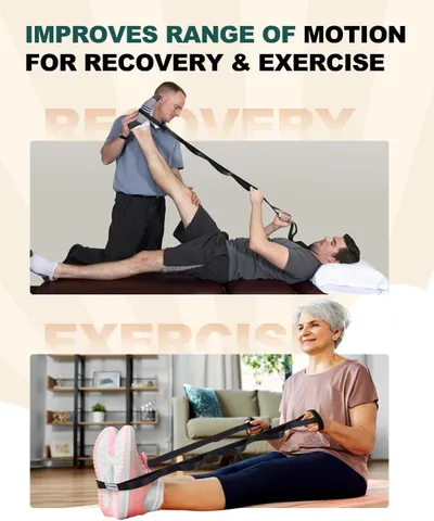 Demonstrates multiple use cases for the product, showing it can be used for both assisted physical therapy/recovery sessions and independent at-home exercise routines to improve flexibility and…