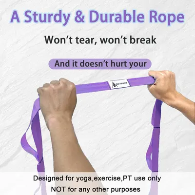 Communicates the rope's durability and comfort to reassure shoppers that it can withstand stretching and pulling without tearing, breaking, or causing discomfort during yoga and exercise use.