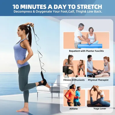 Demonstrates the versatility of the stretching device by showing it is suitable for multiple user types and scenarios, including medical recovery, fitness, therapy, athletics, and yoga, reassuring…
