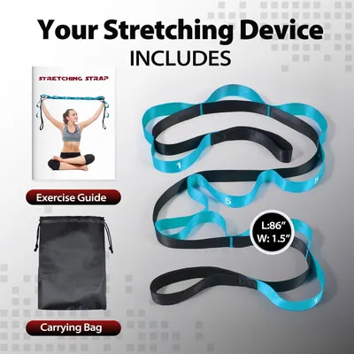 Shows the customer everything included in the package: the stretching strap with numbered loops, an exercise guide with usage instructions, and a carrying bag for portability and storage.