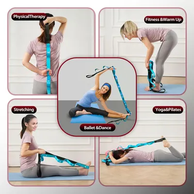 Demonstrates the versatility of the stretching strap by showing five different use cases across physical therapy, fitness, dance, stretching, and yoga/pilates to reassure shoppers that the product…