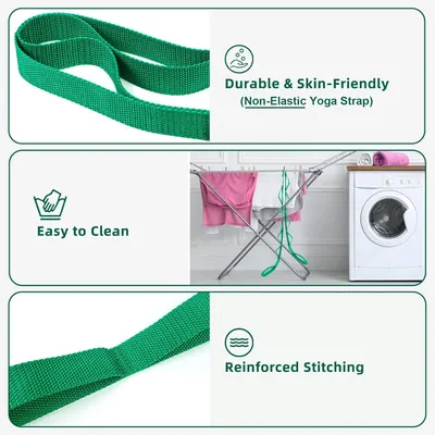 Communicates multiple product benefits in a segmented layout to reassure shoppers about the yoga strap's quality, durability, ease of maintenance, and construction strength.