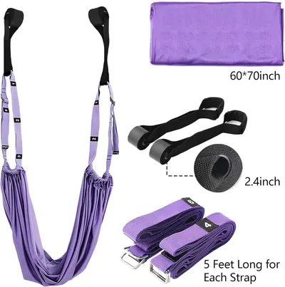 Shows all the components included in the purchase—the aerial yoga hammock, extension straps, mounting hardware, and carrying bag—with dimensional specifications to help shoppers understand exactly…