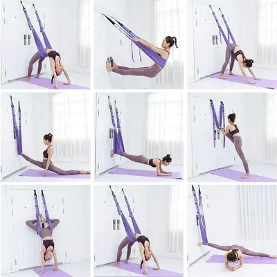 Demonstrates the multiple ways the aerial yoga hammock can be used for different exercises and poses, showing shoppers the product's versatility and range of applications. Shows shoppers various…